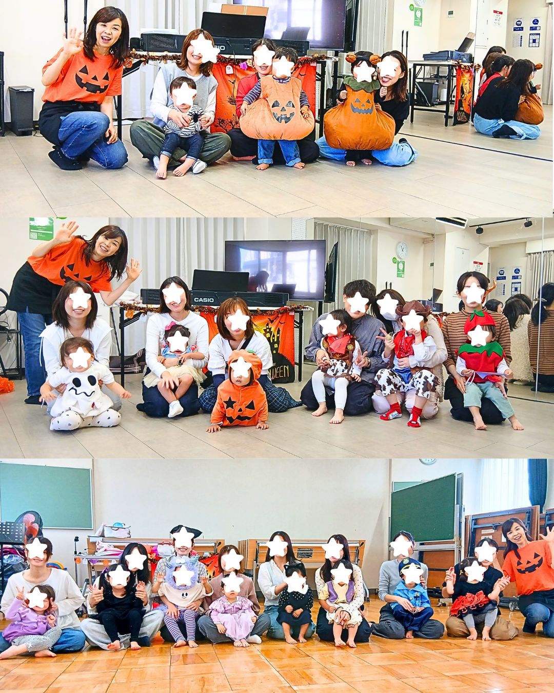中央林間のリトミック教室「なないろリズム」で開催したハロウィンリトミック。仮装した子どもたちの集合写真